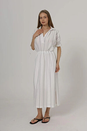 Beli Lastikli Elbise  Beyaz