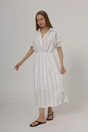 Beli Lastikli Elbise  Beyaz