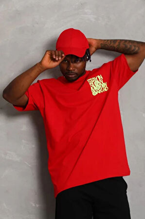 Unisex Oversize Baskılı Bisiklet Yaka Thirt  Kırmızı