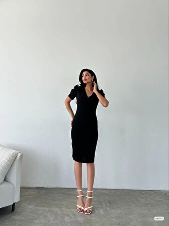 Kadın Kruvaze Yaka Yandan Yırtmaç Detaylı cuba Krep Kumaş Midi Boy Elbise