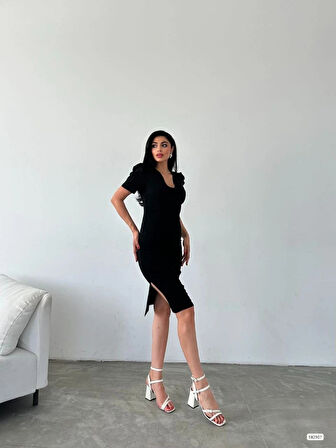 Kadın Kruvaze Yaka Yandan Yırtmaç Detaylı cuba Krep Kumaş Midi Boy Elbise