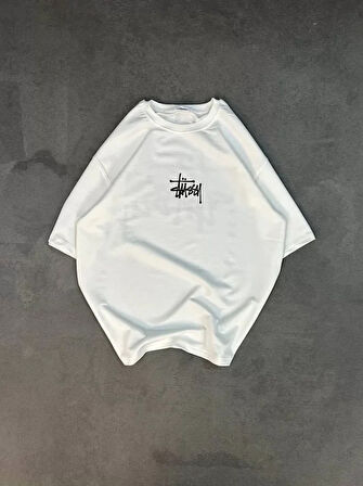 Unisex Bisiklet Yaka Baskılı Oversize Thirt  Beyaz