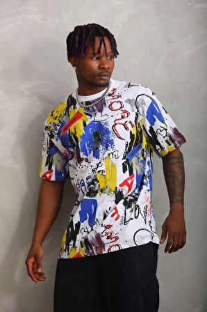 Unisex Oversize Baskılı Bisiklet Yaka Thirt  Beyaz