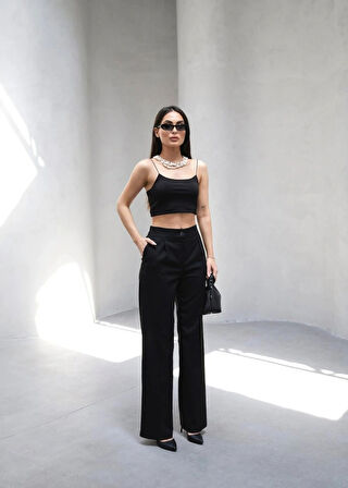 Arkasi Lasti̇kli̇ Pi̇leli̇ Dökümlü Wide Leg Pantolon