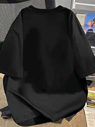 Baskılı Oversize Bisiklet Yaka Tshirt  iyah