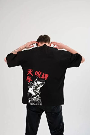 Unisex Bisiklet Yaka Baskılı Oversize Thirt  iyah