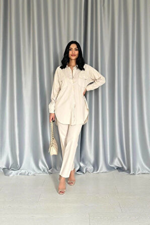 Bej Gömlek Ve Çıtçıtlı Pantolon Takım