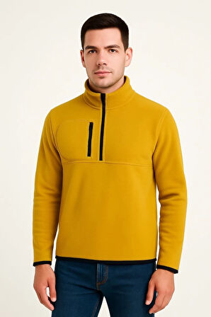 Erkek Polar Kazak – Dik Yaka, Yarım Fermuarlı, Fermuarlı Göğüs Cepli, iyah Biyeli, Kışlık Rahat Regular Fit Günlük odel  arı