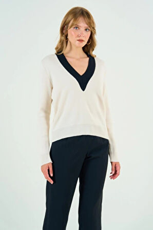 V Yaka Triko Kazak  KremSiyah