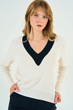 V Yaka Triko Kazak  KremSiyah