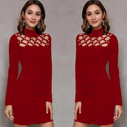 Kadın Uzun Kollu Bisiklet Yaka Lazer Kesim Inci Detay Viskon Iki Iplik Mini Boy Elbise