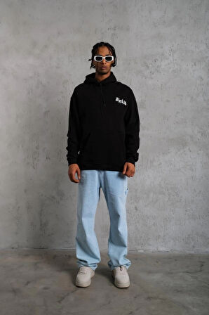 Erkek Oversize Üç İplik Kapüşonlu weat – iyah Kol Ve Etek Ribana Detaylı, Ön Ve ırt Baskılı, Kanguru Cepli Rahat Kalıp odel