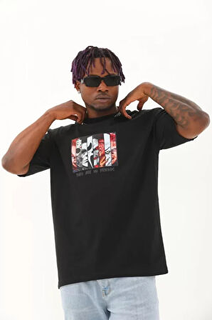 Unisex Oversize Baskılı Bisiklet Yaka Thirt  iyah