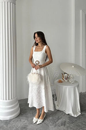 Ekru Kuplu Uzun Elbise