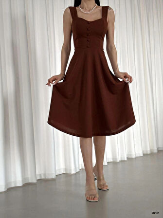 Kadın Krep Kumaş Askılı Kalp Yaka Düğme Detay idi Boy Elbise