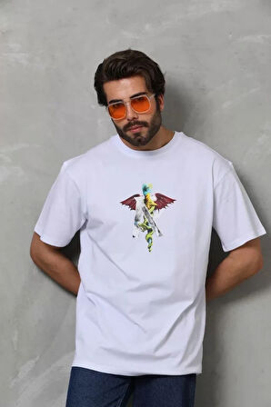 Unisex Bisiklet Yaka Baskılı Oversize Thirt  Beyaz