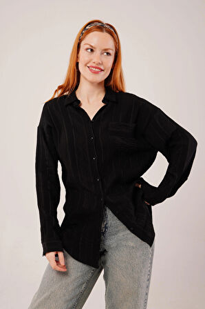 Hakim Yaka Çizgili Cep Detaylı iyah Gömlek