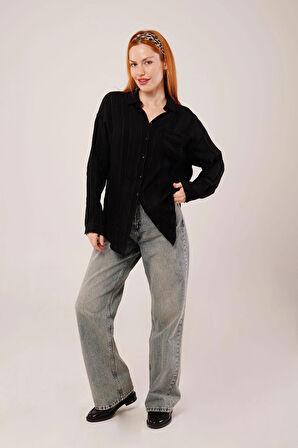 Hakim Yaka Çizgili Cep Detaylı iyah Gömlek