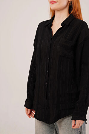 Hakim Yaka Çizgili Cep Detaylı iyah Gömlek