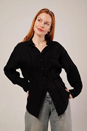 Hakim Yaka Çizgili Cep Detaylı iyah Gömlek