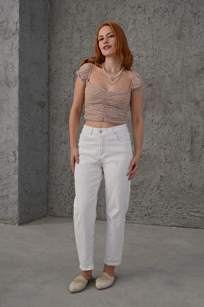 Puantiyeli Belden Oturtmalı Tül Krem Bluz