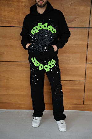 Erkek Kapüşonlu Eşofman Takım Örümcek Ağı Ve Neon Yeşil Baskılı Kanguru Cepli Oversize Rahat Kalıp, Premium Üç İplik Kumaş  iyah