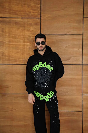 Erkek Kapüşonlu Eşofman Takım Örümcek Ağı Ve Neon Yeşil Baskılı Kanguru Cepli Oversize Rahat Kalıp, Premium Üç İplik Kumaş  iyah