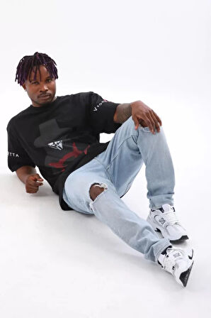 Unisex Oversize Baskılı Bisiklet Yaka Thirt  iyah