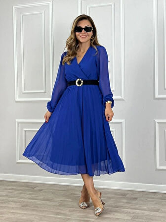 Kadın şifon Kumaş Astalı Kloş Kesim Kruvaze Yaka idi Boy Elbise