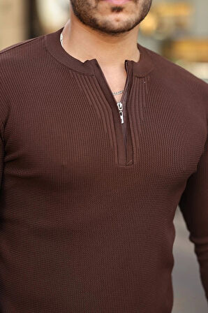 Erkek Fermuarlı Bisiklet Yaka Dokulu Uzun Kollu Triko