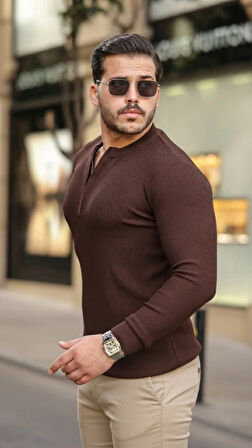 Erkek Fermuarlı Bisiklet Yaka Dokulu Uzun Kollu Triko