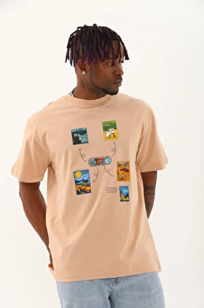 Unisex Oversize Baskılı Bisiklet Yaka Thirt  Bej