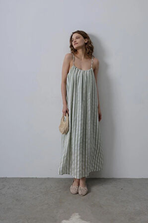 Askılı Çizgi Desen Elbise  Haki