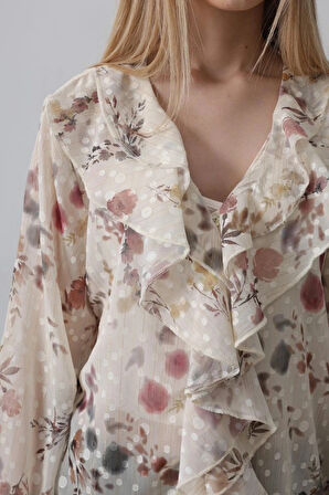 Volanlı Çiçek Desen Şifon Gömlek  Krem