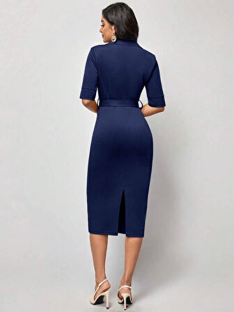 Kadın Kısa Kollu Yakalı Kruvaze Yakalı Beli Kemerli idi odal Elbise