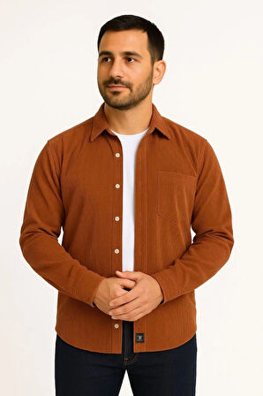 Erkek Fitilli Kadife Cepli Gömlek Oversize Rahat Kalıp  Kahverengi