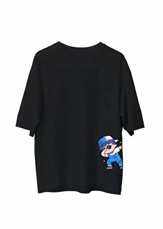 Unisex Bisiklet Yaka Baskılı Oversize Thirt  iyah