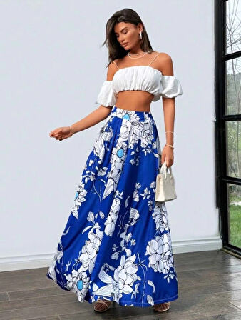 Kadın çiçek Baskılı axi Boy Süprem Etek