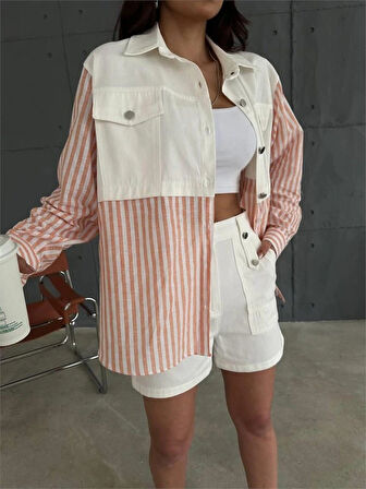 GABARDİN ŞORT  GABARDİN  ÇİZGİİ KETEN GARNİİ CEKET TAKIM  Orange