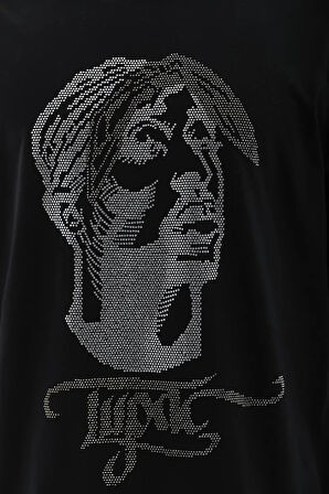 Unisex Oversize Taşlı Bisiklet Yaka Thirt  iyah