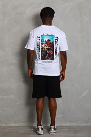 Unisex Oversize Baskılı Bisiklet Yaka Thirt  Beyaz