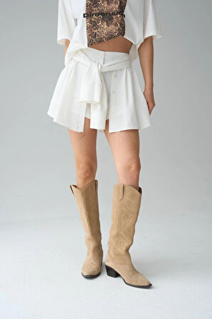 Gömlek Bağlamalı Şort  Krem