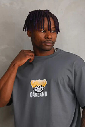 Unisex Baskılı Oversize Thirt  Füme