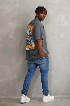 Unisex Baskılı Oversize Thirt  Füme