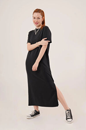 Yırtmaç Detaylı Kısa Kollu alaş Maxi iyah Elbise