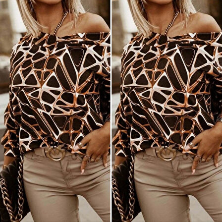 Kadın Uzun Kollu V Yaka Düşük Omuz Geometrik Desen şardonlu Dalgıç Bluz