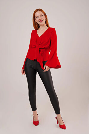 Ön Bağlamalı Volan Kol Kırmızı Bluz