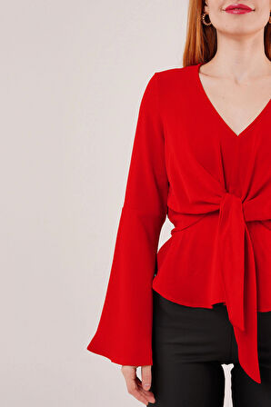Ön Bağlamalı Volan Kol Kırmızı Bluz