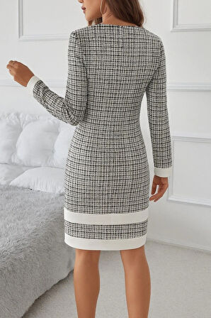 Kadın Uzun Kollu Yuvarlak Yaka Etek Ucu şerit Detaylı Mini Dokuma Elbise