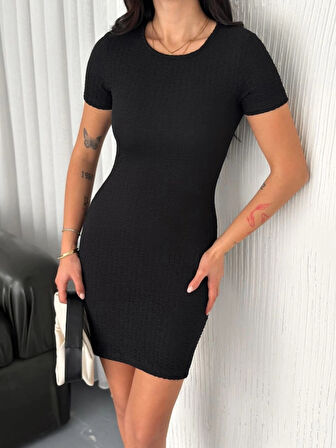 Bisiklet Yaka Kısa Kol Likralı Elbise  iyah